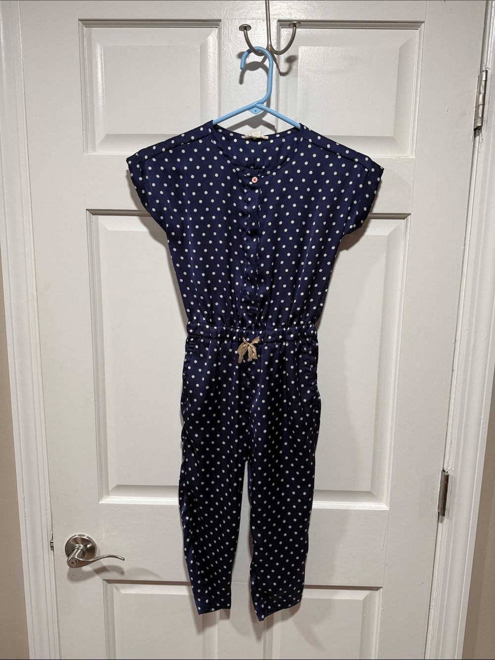 Crewcuts Navy Polka Dot Romper with Tie Waist
